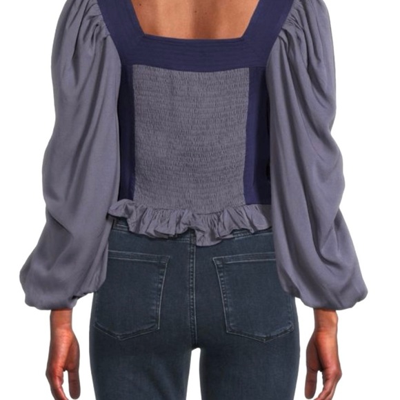 Area Stars Navy Ruffled Puff Sleeve Cropped Blouse - Picture 4 of 8